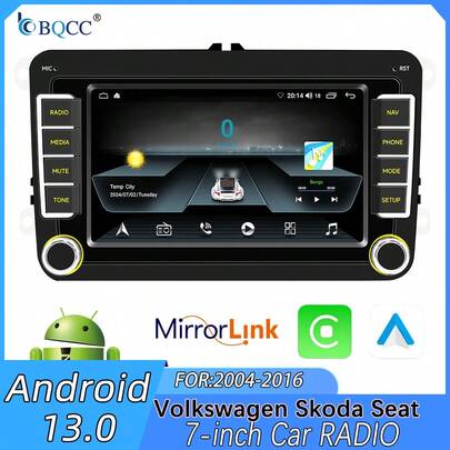  [BQCC] 安卓13.0车载收音机GPS导航一体机，7英寸TFT触摸屏，支持MP5播放，带CarPlay、蓝牙、USB和FM收音机功能，适用于帕萨特、Polo、高尔夫、西雅特等车型