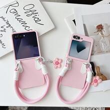 Korean Style Cute Pink Phone Case With Flower Pendant And Anti-Loss Lanyard, Compatible With Samsung Galaxy ZFlip7, Flip8, Z Flip6, ZFlip 5, Shockproof Back Cover, Also Compatible With Motorola And Flip Phones - Pink - View 4
