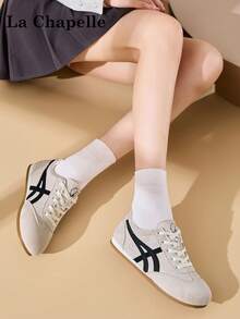 1 Pair La Chapelle Women's Thick Sole Lace-Up Soft Bottom Casual Shoes, Low-Top Outdoor Flat Shoes, Round Toe Low Heel Solid Color Elegant Soft Bottom Hiking Shoes Suitable For Students Taking Graduation Photos, Women Low-Top Leather Sports Skateboard Shoes - Beige - View 8