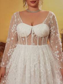 MGIACY 方领长袖胸罩式透视缎带编织刺绣蕾丝大摆婚纱 - 白色 - 查看 6