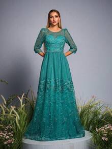 Anpoket 新款圆领刺绣撞色蕾丝钉珠晚礼服，优雅女士连衣裙 - 薄荷藍 - 查看 1