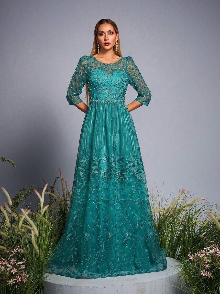 Anpoket 新款圆领刺绣撞色蕾丝钉珠晚礼服，优雅女士连衣裙 - 薄荷藍 - 查看 1