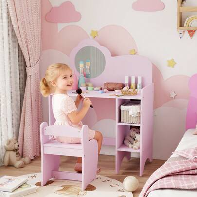  AIYAPLAY Kids Dressing Table With Mirror, Stool, 2 In 1 Kids Vanity Table With Storage Shelves, Toddlers Make Up Desk, For Ages 3-8 Years, Purple