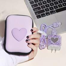 6pcs Shiny Purple Heart Charger & Cable Protector Set, With EVA Storage Bag And Data Cable Protector - Compatible With Apple 18W/20W Adapter - Mauve Purple - View 12