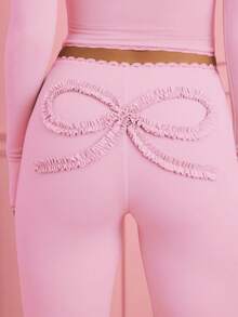 Women  High Waist Back Ruffle Bow Decor Slim Flared Long Pants For Valentineacute;S Day - 粉色 - 查看 5