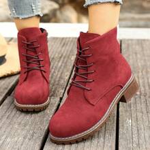 New Fashionable Minimalist Mid-Calf/Ankle Boots With Side Zipper, Chunky Heel, Retro British Style, Versatile - Red - View 16