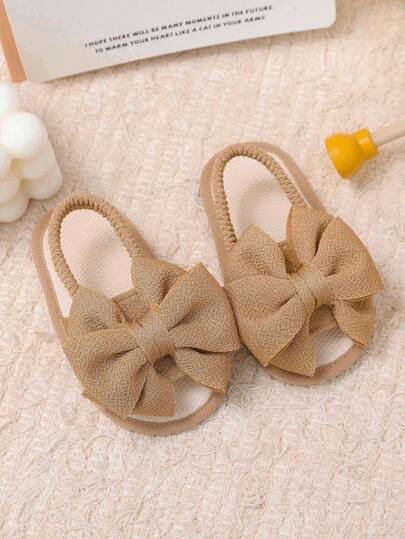 1 Pair Brown Toddler Prewalker Sandals, Soft Mesh + Fabric Bow Decor, Classic Round Toe Open Toe, Soft Fabric Sole, Non-Slip One-Push Design, Fashion Cute Indoor Flat Sandals Suitable For 0-2 Years Old Baby Girls, Spring/Summer 2026