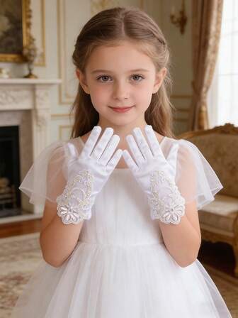 1 Pair Children (3-8 Years) Pearl Trim Satin Formal Gloves | Flower Girl Wedding Communion Pageant Princess Dress Accessory