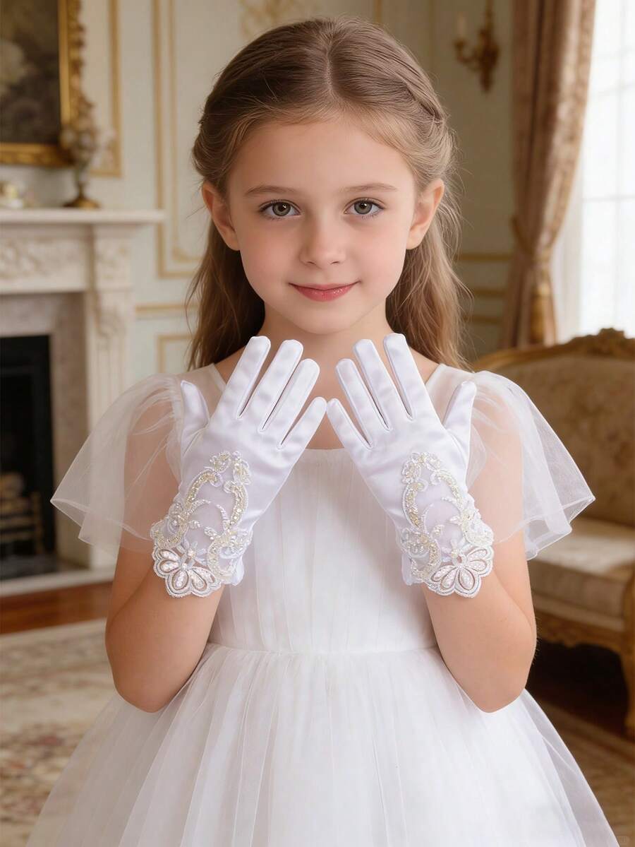 1 Đôi Găng Tay Satin Viền Ngọc Trai Cho Trẻ Em (3-8 Tuổi) | Phụ Kiện Váy Công Chúa Cho Bé Gái Dự Tiệc Cưới, Lễ Rước Lễ, Thi Hoa Hậu, Công Chúa - ren - Xem 1
