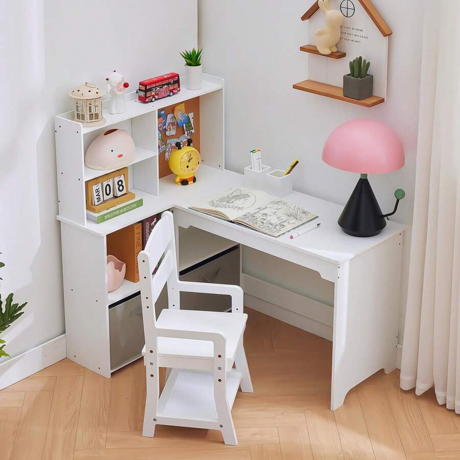 Techigher Kids Study Desk With Chair, Kids Desk And Chair Sets With Open Shelves And Cloth Drawers, L Shape Wooden Children Study Table, Student Writing Table - White - View 1