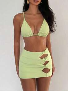New Fresh And Simple Style Green Lace-Up Back Fashion Holiday Beach Ladies Bikini Three Pieces Set - Lime Green - View 3