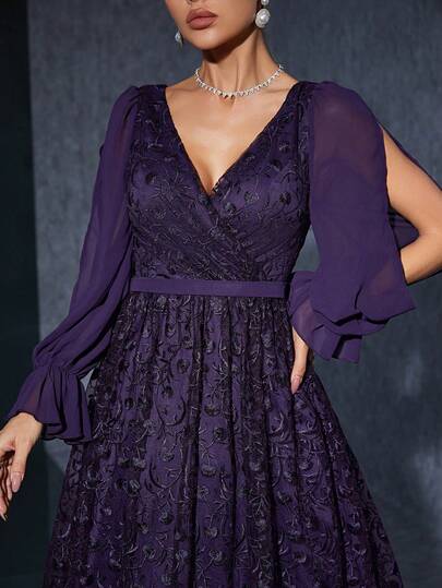 Anpoket Women Purple Summer Elegant Embroidery Maxi Dress, V-Neck Chiffon Long Sleeve Flared Hem Formal Evening Gown For Wedding Guest Party Holiday