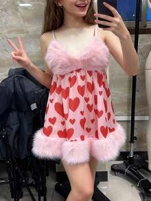 Women Spaghetti Strap Heart Mini Dress Y2K Sleeveless Faux Fur Fuzzy Trim Flowy Dress Cute Holiday Party Dresses - 粉色 - 查看 4