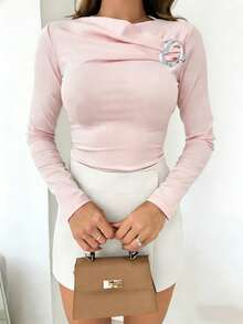 Women's Sexy, Elegant, Minimalist Charm Daily Outfit, Suitable For Gatherings, Dates, Parties. Made Of Stretchy, Comfortable Knit Fabric. Features 2 In 1 Design, Chest Ruching, Round Ring Twist Knot, Asymmetric Ruffle Hem, Hollow Criss-Cross Straps. Suitable For Evenings, Holidays, School, Office, Home, Birthdays, Singles Parties, Concerts, Travel, Airports, Tea Parties. - Baby Pink - View 5
