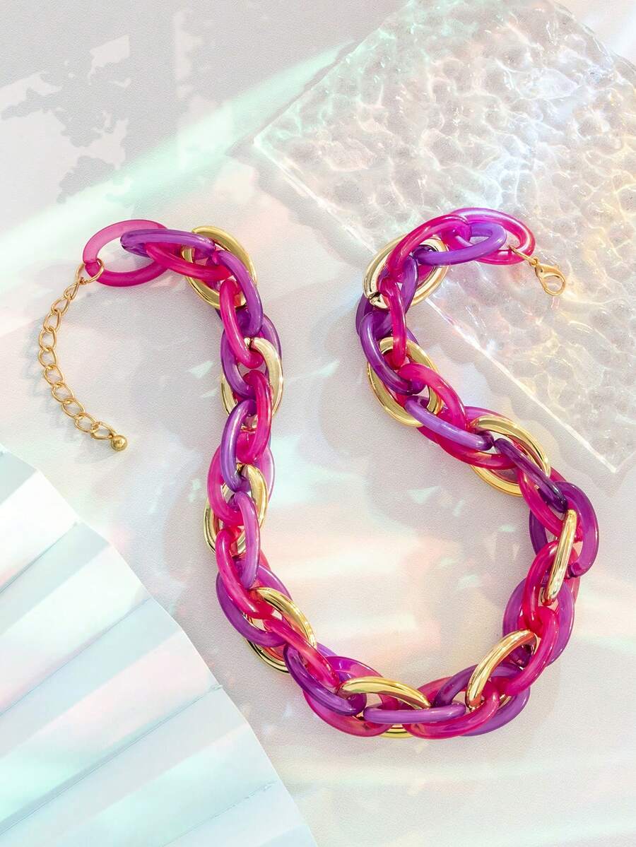 1 chiếc vòng cổ nhiều lớp bằng acrylic nhiều màu sắc, kiểu dáng phóng khoáng, mang phong cách retro tối giản dành cho nữ. - Màu Hồng Tươi - Xem 1