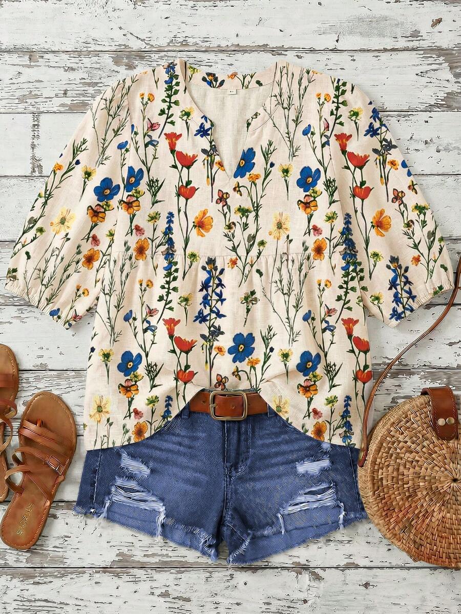 JTI 女士波西米亚风印花衬衫，V领，七分泡泡袖，宽松荷叶边下摆，休闲度假衬衫，夏季 - 杏色 - 查看 1