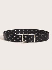 1pc Women's Belt With Double Buckle, Rivet & Star Decor, New American Retro Y2K Style Punk Belt, Suitable For Jeans, Casual Wear, Black & White - Multicolor - View 5