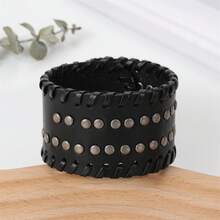 1条朋克风皮革手链，编织圆形铆钉，宽版皮革腕带，适合男士日常佩戴、摩托车骑行、装饰。 - 黑色 - 查看 5