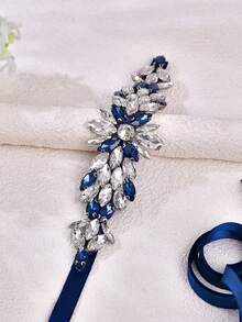 1pc Fashion Short Wedding Belt, Navy Blue Crystal Embellished With Black Ribbon, Handmade Formal Dress Sash - Navy Blue Ribbon - View 4