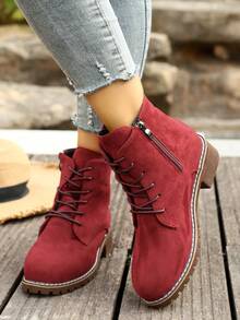New Fashionable Minimalist Mid-Calf/Ankle Boots With Side Zipper, Chunky Heel, Retro British Style, Versatile - Red - View 5