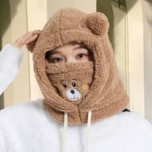 1pc Women's Solid Color Bear Face Mask, Waterproof, Casual, Cute, Elegant, Boho Fuzzy, New Warm Winter Design, Covers Face, Thick Thermal Lining, Multifunctional Ear Warmer Hat, Suitable For Daily Outings, Shopping, Skiing And Cycling - Multicolor - View 2