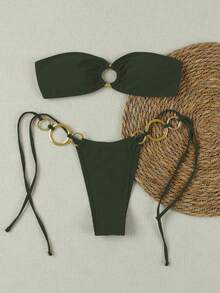 性感纯色抹胸圆环女士比基尼泳衣，情人节 - 軍綠色 - 查看 2