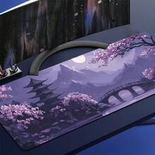 1pc Extra Large Gaming Mouse Pad - Non-Slip Rubber Base, Extra Long Desk Mat, Japanese Cherry Blossom Pagoda Pattern, Purple Background Watercolor Art Design, Suitable For Computer, Office, Office Decor, Artistic Design, Durable Material, Suitable For Office Workers - Purple - View 1