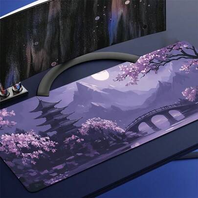 1pc Extra Large Gaming Mouse Pad - Non-Slip Rubber Base, Extra Long Desk Mat, Japanese Cherry Blossom Pagoda Pattern, Purple Background Watercolor Art Design, Suitable For Computer, Office, Office Decor, Artistic Design, Durable Material, Suitable For Office Workers