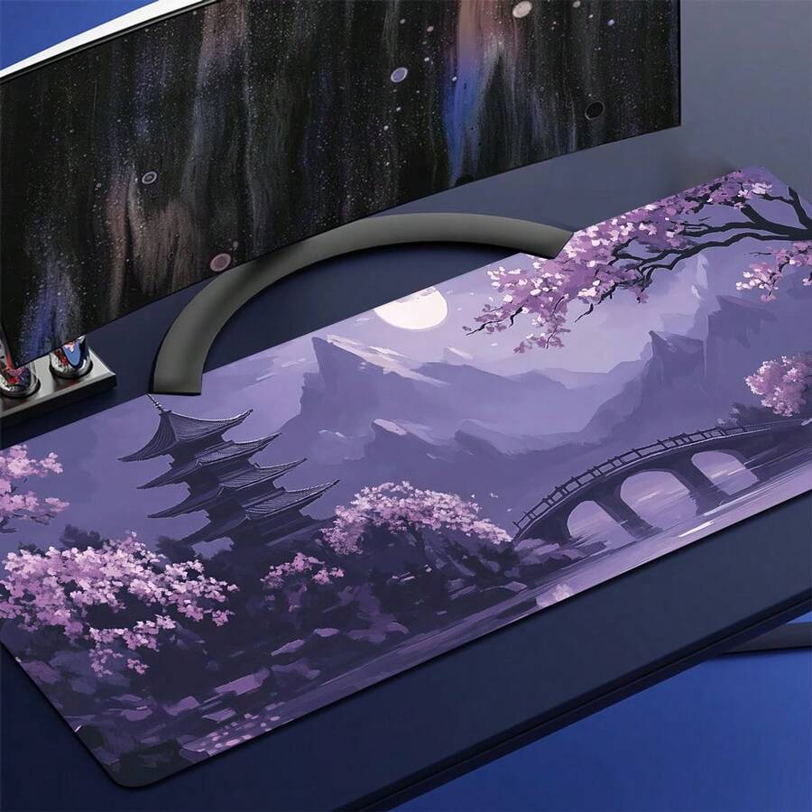 1pc Extra Large Gaming Mouse Pad - Non-Slip Rubber Base, Extra Long Desk Mat, Japanese Cherry Blossom Pagoda Pattern, Purple Background Watercolor Art Design, Suitable For Computer, Office, Office Decor, Artistic Design, Durable Material, Suitable For Office Workers - Purple - View 1
