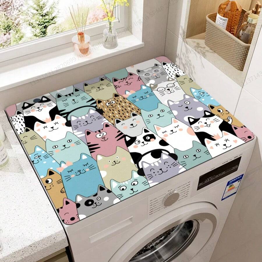 Cartoon Cat Print Washing Machine Dust Cover - 19.7 Inch X 23.6 Inch - Fits Washer And Dryer Top - For Kitchen And Laundry Room Use - Water-Resistant Quick-Drying Polyester Material