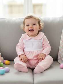 Pelele de manga larga con cuello de muñeca y bordado de cruz para bebé niña de Pascua, ropa bonita para festivales de ocio, ideal para 0 a 12 meses - Rosa - Ver 5