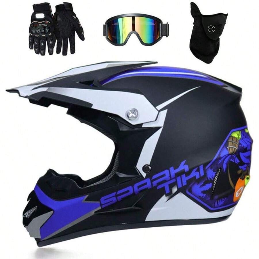 BMX HelmetJuventud Niños MTB Casco de Motocross Dot Certificado Integral Off Road Moto ATV Chocar Casco DH Cuesta Abajo Quad Dirt Bike Casco con Gafas Guantes Mascarilla - Azul - Ver 1