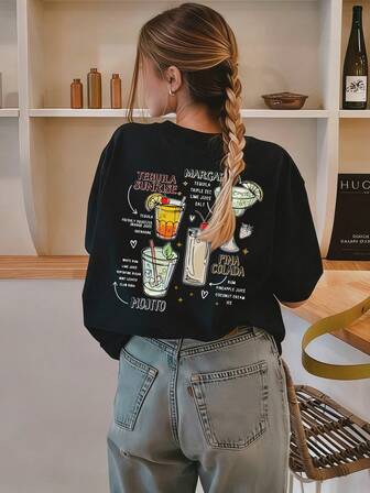 女士夏季鸡尾酒和口号图案圆领短袖 T 恤，休闲宽松百搭假日风格上衣，时尚夏季服装适合日常假日穿着