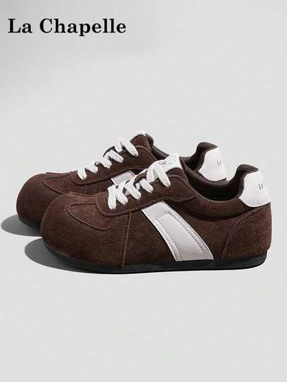 1双 La Chapelle 女士厚底系带软底休闲鞋，低帮户外平底鞋，圆头低跟纯色优雅软底徒步鞋，适合学生拍摄毕业照，女士低帮皮质运动滑板鞋