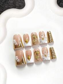 10pcs Elegant & Delicate Gold Nail Stickers, Handmade Nail Art Set, White Translucent Flower Nail Decals, 5-Petal Flower, Star, Rose Nail Accessories, Gold & White Gel Nail Decorations, 3 Sizes: Almond, Duck Mouth, Coffin Shape, Includes Tool Kit, Suitable For Women & Girls, For Party, Event, Daily Nail Care Nails Nail Supplies Handmade Press On Nails - 彩色 - 查看 17