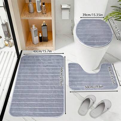 3/2/1pc High Definition Striped Bathroom Mat Set, Toilet Seat Cover, U-Shaped Rug. Non-Slip Bathroom Floor Mat, Super Absorbent Washable Polyester Carpet, Suitable For Bedroom, Living Room Entrance, Bathroom Decor