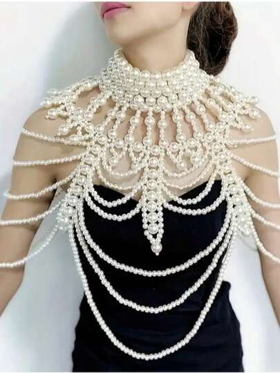 1pc Elegant Multilayer Faux Pearl Tassel Shoulder Chain, Fashion Jewelry Accessory For Women, Suitable For Party, Wedding, And Formal Occasions