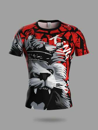 1pc Men's Lion King Crown Print Tight Fit Sports T-Shirt, Street Style Full Graphic Short Sleeve Crew Neck Top, Suitable For Outdoor Hiking, Running, Fitness Workout
