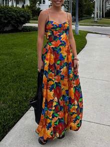 This Mid-Length Halter Dress With A Floral Print, Exuding A Bohemian Style, Is Perfect For A Casual Vacation Look.Summer,Beach Vacations Holidays - Multicolor - View 2