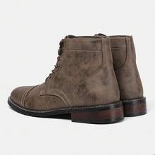 Men's Retro Work Boots, Round Toe, Thick Sole, Dual-Color Upper, Rubber Sole, Beige Stitching - Camel - View 9