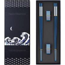 Palillos reutilizables de acero inoxidable con revestimiento de titanio con soporte juego de regalo de palillos japoneses ligeros aptos para lavavajillas AzulResistente al calor, de grado alimenticio, con tranquilidad, comer con tranquilidad - Azul - Ver 3