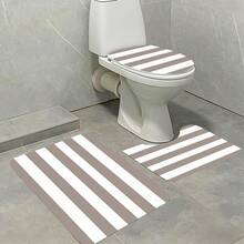 1pc/3pcs/4pcs Minimalist Striped Shower Curtain Set, Toilet Seat Cushion Floor Mat Set, Retro Color Minimalist Striped Printed Shower Curtain, Very Suitable For Bathroom Decoration, Universal Room Decoration, Home Decoration Set, Bathroom Accessories Bathtub Curtain, Toilet Seat Cushion Shower Curtain Set