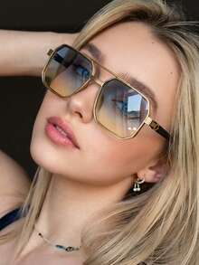 1 par de gafas de mujer con montura cuadrada de oro, puente doble y lentes degradados, de estilo retro y elegante, ideales para vacaciones, estilo callejero y pasarela - Dorado - Ver 1