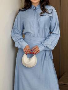 3er Set: Hellblaues Hemd mit Knöpfen vorne, Rock mit Schlitz an der Seite, und Lässig Hose für Damen, elegante Frühlings-Pendler-Garderobe - Babyblau - Übersicht 7