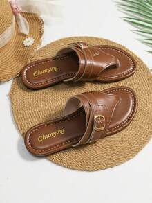 Women's Summer New Slip-On Flat Sandals, Thong Flip Flops, Vacation Style Beach Slippers - Coffee Brown - View 5