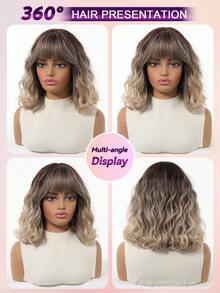 14英寸渐变金色波浪假发，女士卷曲波浪假发带刘海，短款耐热合成假发，适合派对装扮和日常佩戴，色彩缤纷 - 挑染金色 - 查看 10