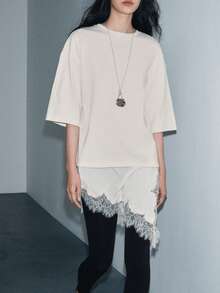 Women's  Irregular Lace Hem Sweatshirt  Pullover Style Long  Sleeved Midi Dress  Batwing Sleeve Loose Chunky Knit Sweatshirt  Autumn Casual Fashion Sweater Top - 白色 - 查看 4