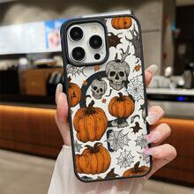 High-Quality Macaron Acrylic Magnetic Phone Case,Spooky Pumpkin & Skull Artwork Cell Phone Shell Design Magnetic Charging Phonecase Handy Case, Handy Cover For  11 12 13 14 15 16 17 17 Air 17 Pro 17 Pro Max Shock Resistant Protective Case - Negro - Ver 2