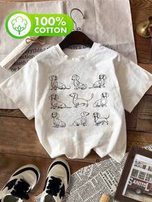 Dog Motif Print, 100% Cotton, Figure-Hugging, Fashionable Women's Short-Sleeved Shirt - 白色 - 查看 6