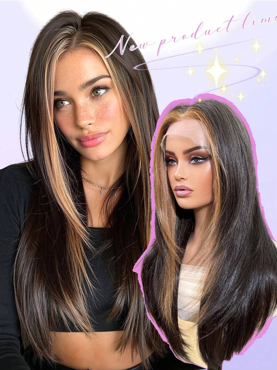 13*4 Front Lace Blended Wig Dark Brown With Light Brown Highlights Multi-Layered Elegant Enchanting Wig Blended Wigs Suitable For Daily Party Festival And Cosplay Wigs For Women Hairstyle